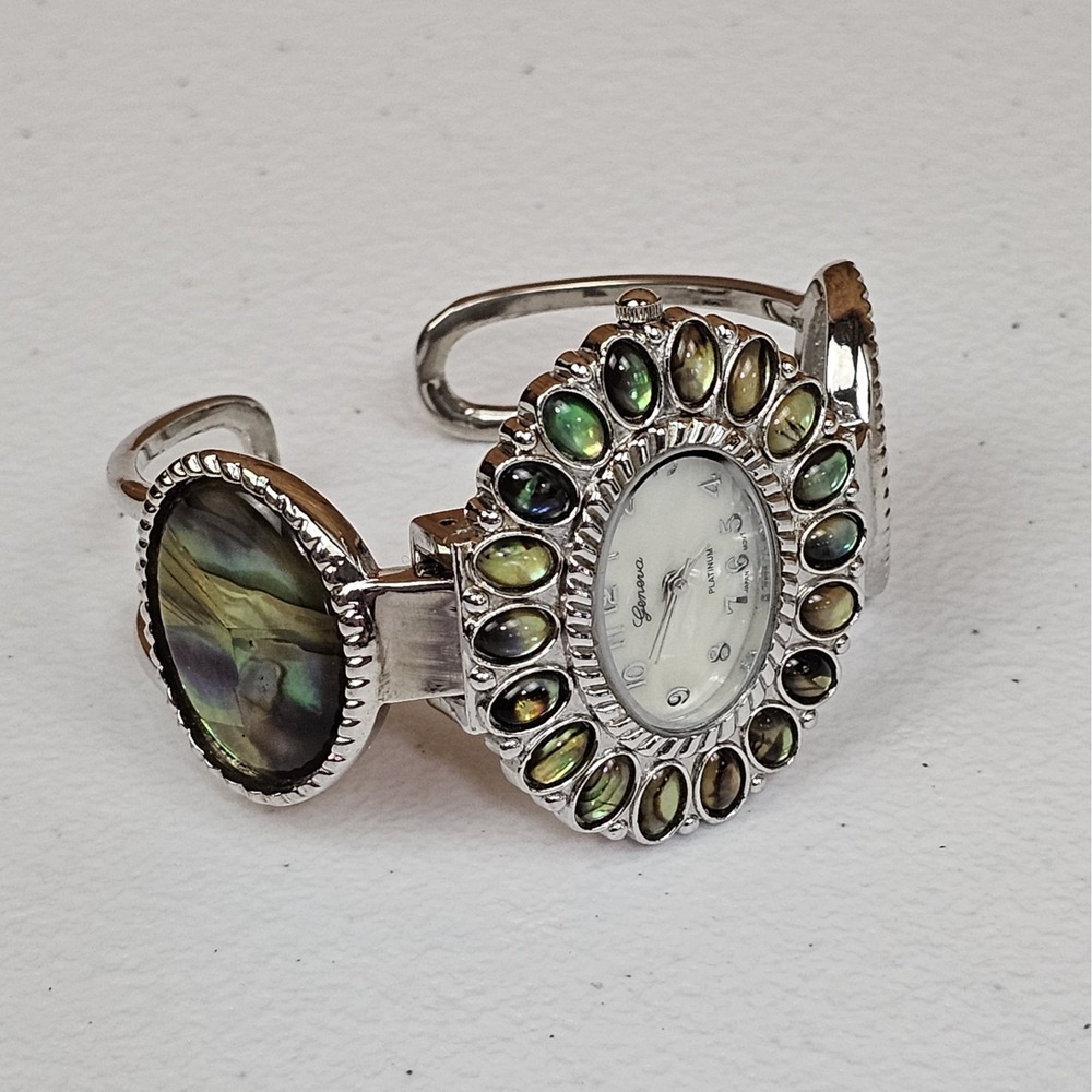 Geneva Platinum Watch Cuff Bracelet MOP Green Womens Cabochon New Battery